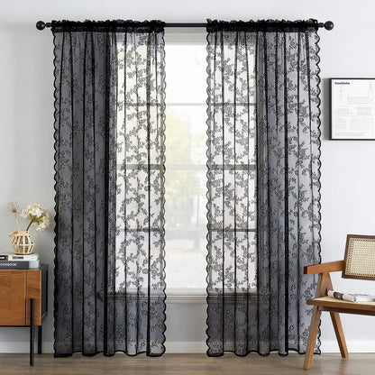 2 Panels elegant solid-color sheer curtains with wave lace trim, 3 Colors, 3 Sizes....