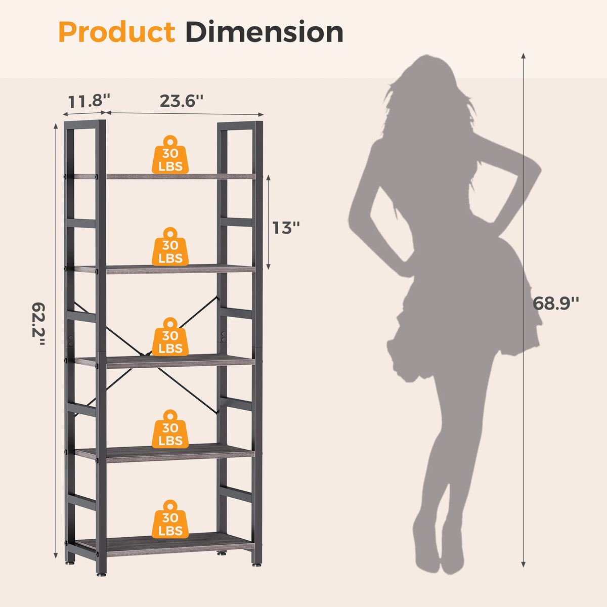 Standing 5 Tier Wooden Storage Shelves, Bookcase Adjustable Feet.....