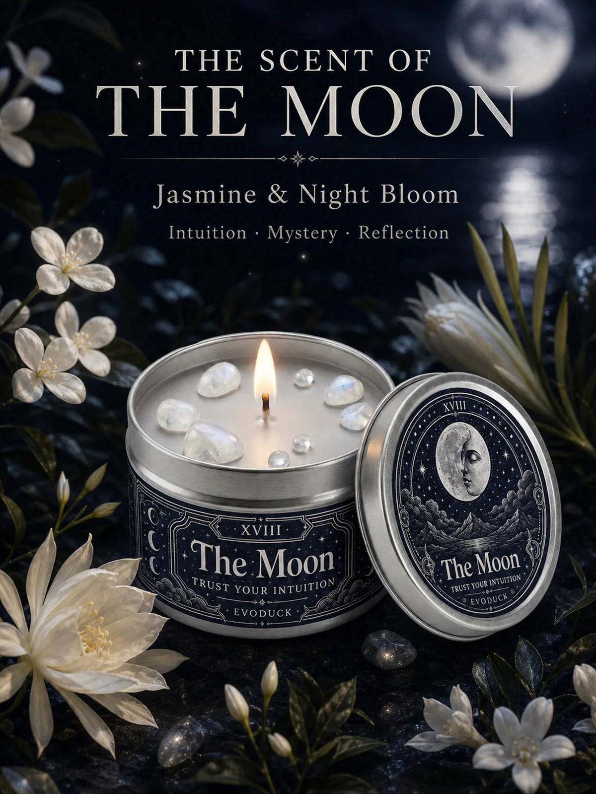 The Moon Tarot Scented Candle with White Crystal Stones, Trust our Intuition, Candle for Meditation, Comes In 1/2/3 Sets.....