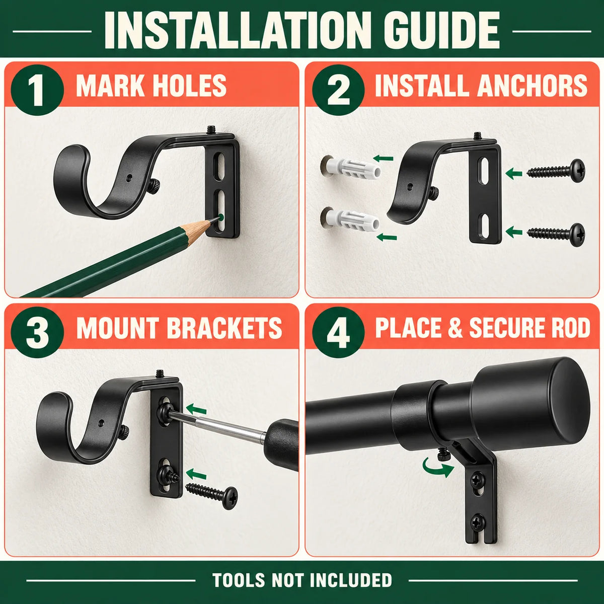 Black 30-144 Inch Adjustable, Telescopic Curtain Rod Set with Brackets 1 Inch Diameter for Living Room Bedroom Window