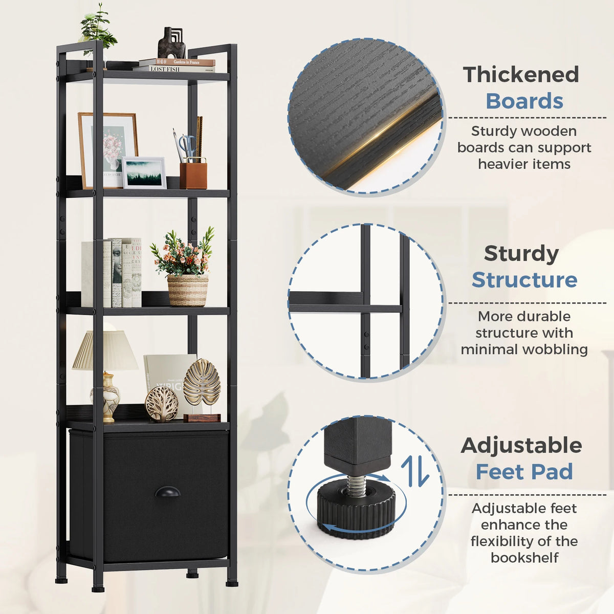4-5 Tier Storage shelfs with Fabric Drawer Standing Book Shelf, Wood and Metal