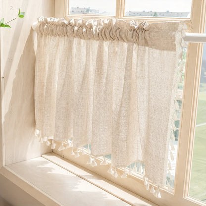 2PCS Natural Linen Curtains, Tassel Fringe for Kitchen Windows, Beige....