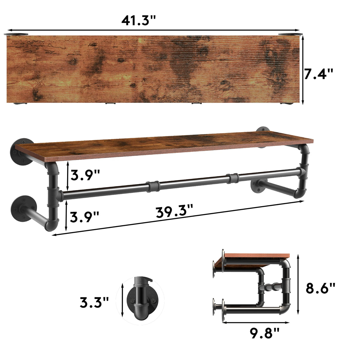 Rustic Wall Mounted Metal Clothes Hanging Rack with Wood Shelf, 39.3x9.8x8.6 inch....