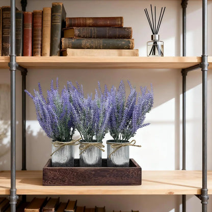 3-Piece Lavender Flowers Artificial with Wood Tray Set, with Galvanized Metal Bucket,