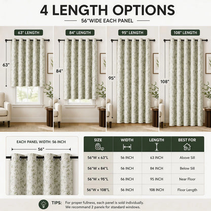 Botanical Green Floral Blackout Curtains 4 Panels Set, Total Blackout, with White Coating Backing, 4 Sizes.....
