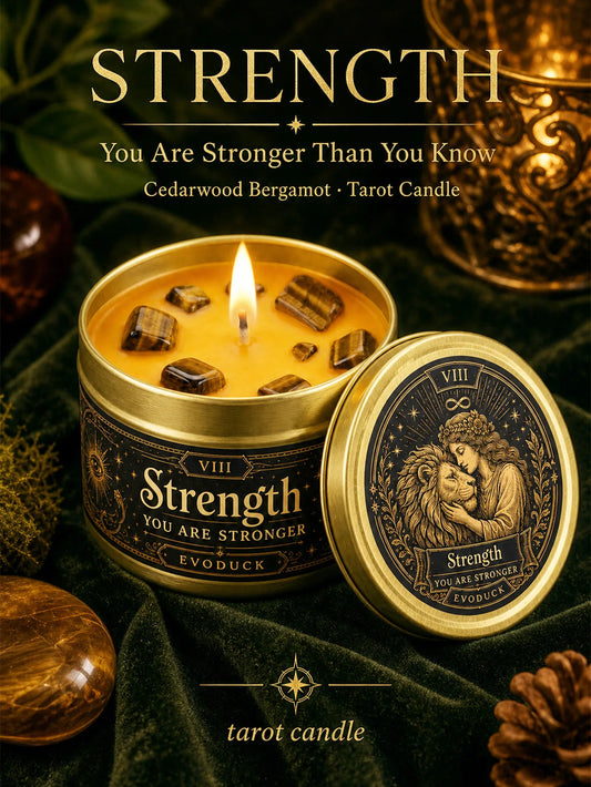 Strength Tarot Candle, Cedarwood Bergamot Scented .Tiger Eye Cristal. 1/2/3 Sets, for Meditation, Courage Confidence, 3 Oz.....