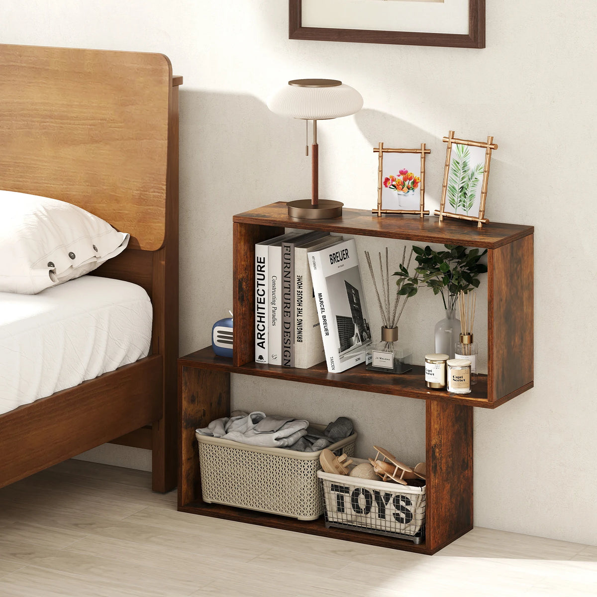 3-Tier Geometric Wooden Bookshelf, Freestanding
