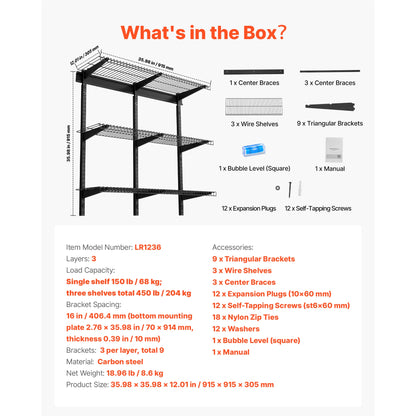 3-Tier Wall Garage Shelving 11x36in 150lbs Per Shelf, Adjustable.....