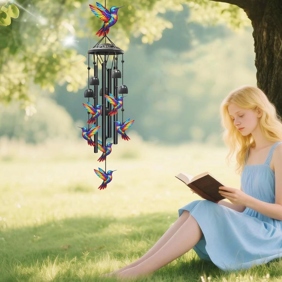 Colorful Hummingbird Wind Chimes Metal Aluminum Tube Bell, Waterproof Outdoor