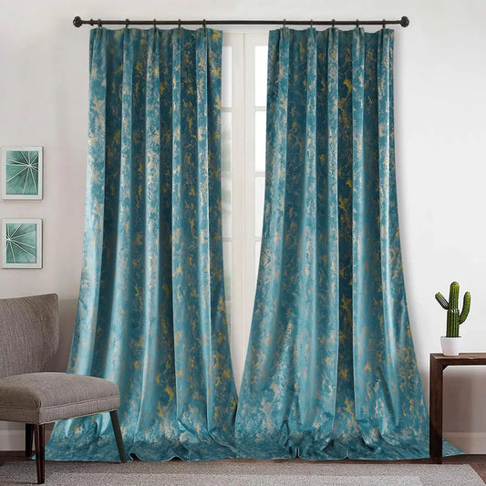 1 Color, 2 Panel Velvet Blackout Curtains, Vintage Teal Gold Texture Window Drapes, 1Size.....
