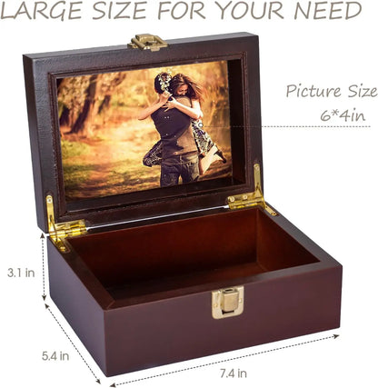 Small Wooden Keepsake Boxes With Hinged Lids and a photo frame inside....