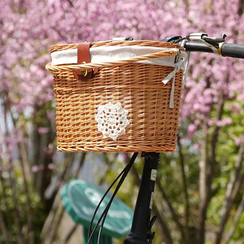 Wicker Bicycle Basket Handlebar For Bicycle With Liner And Cover