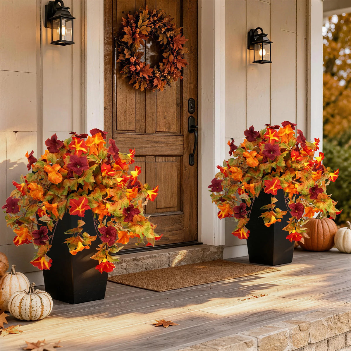 2 Pack Artificial Fall Hanging Flowers in Black Pot,  Morning Glory, UV Resistant ....