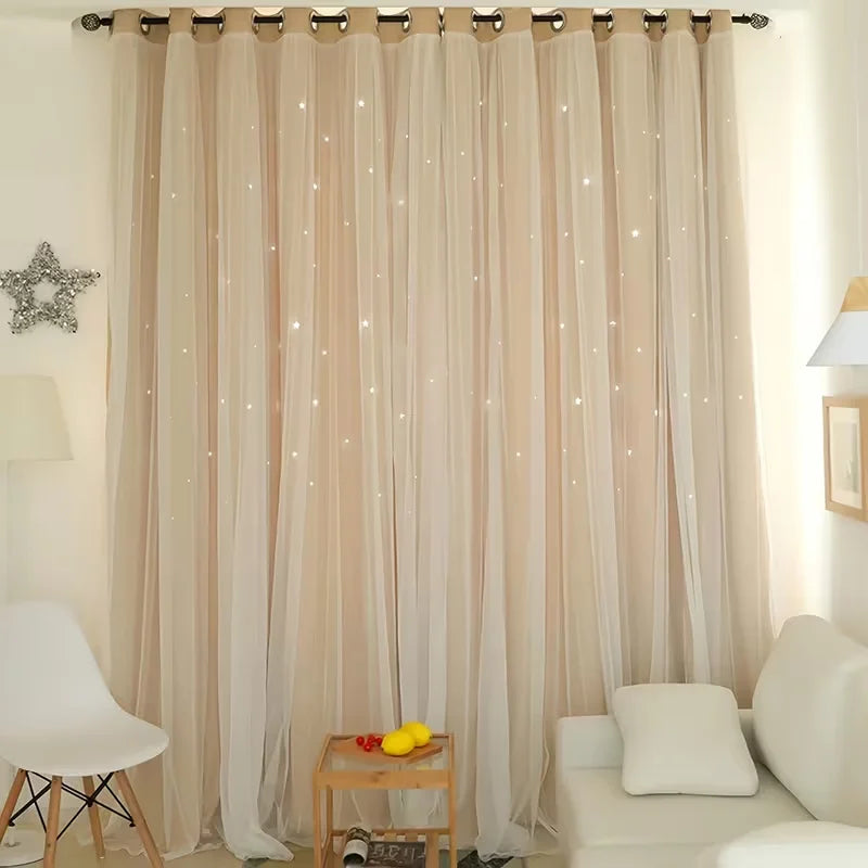 1 Color, Double Layer Curtain, Black Back, Livingroom, Bedroom, 1 or 2 Panels,5 Sizes Hollow Out Curtain, Grommet Top