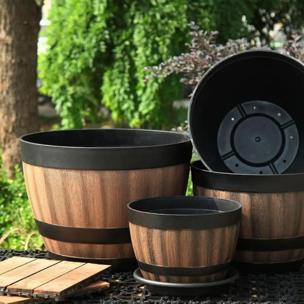 Rustic Whiskey Barrel Planter, Wooden Plastic Flower Pot with Drainage Holes....