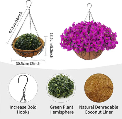 2PCS Artificial Flower Basket Purple/white Bougainvillea Hanging Flower Palm Basket