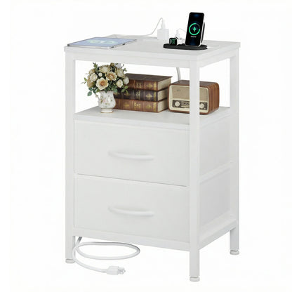 2 Fabric Drawers Bedside Night Stand with Open Shelf  USB Ports