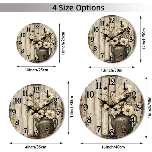Wooden Wall Clock, Design with a Vintage Teapot With White Daisy, Available in 4 Sizes