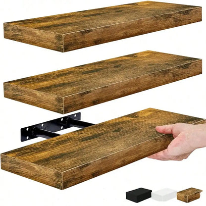 Set Of 3 Floating Wooden Shelving Units With Hidden Brackets;