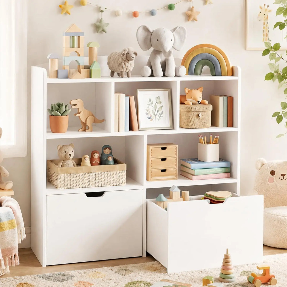 Wooden Toy Storage Organizer with Rolling Drawers, Hidden Wheels, Storage Cabinet