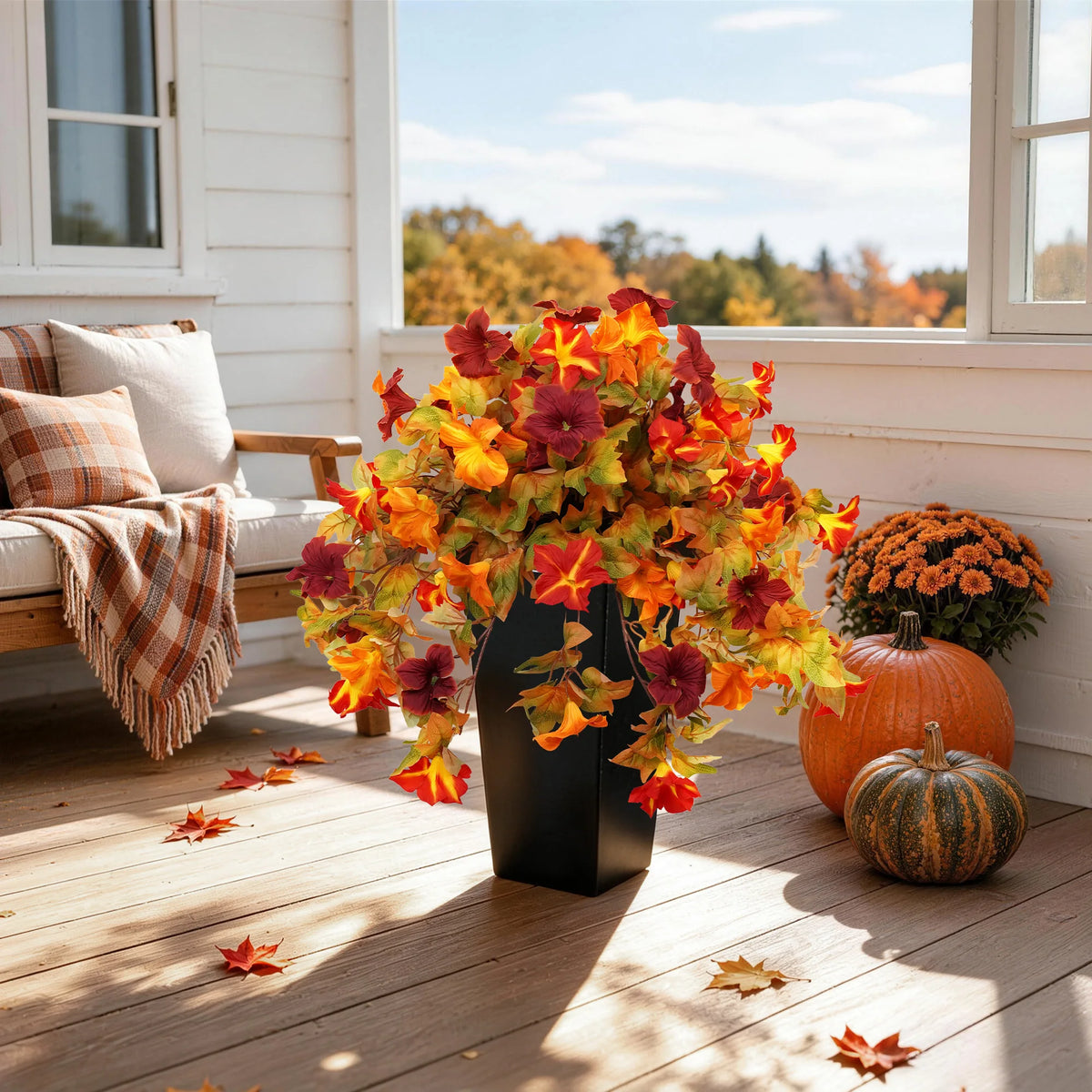 2 Pack Artificial Fall Hanging Flowers in Black Pot,  Morning Glory, UV Resistant ....