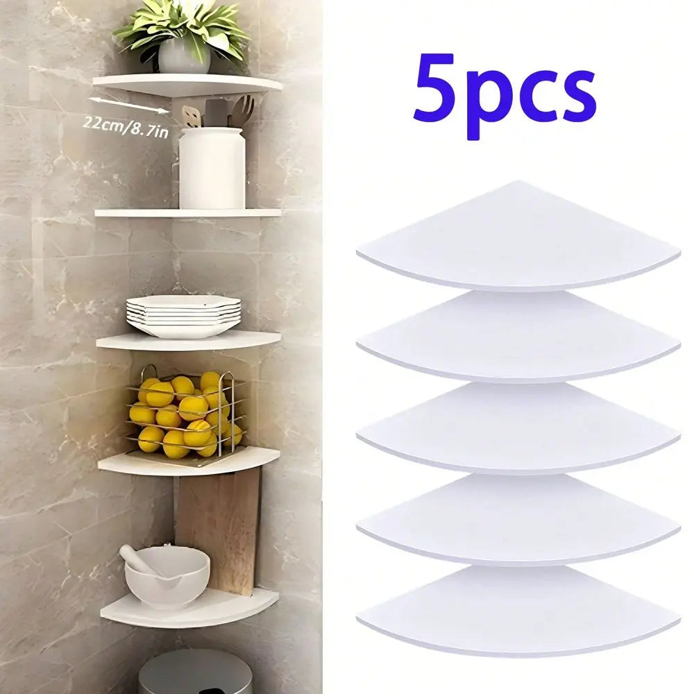 5-Piece White Floating Corner Shelf, Wall Mount Durable Plastic Construction, Non-Hole