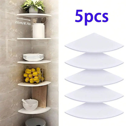 5-Piece White Floating Corner Shelf, Wall Mount Durable Plastic Construction, Non-Hole