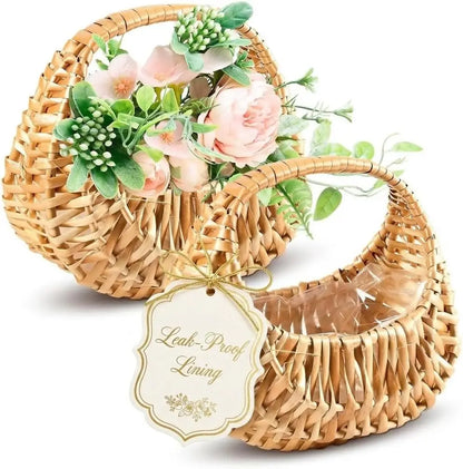 Flower Girl Basket Set of 2, Rattan Handwoven Wicker Baskets with Handle, 6.3" x 5.12" x 3.75", Waterproof Lining; for Wed