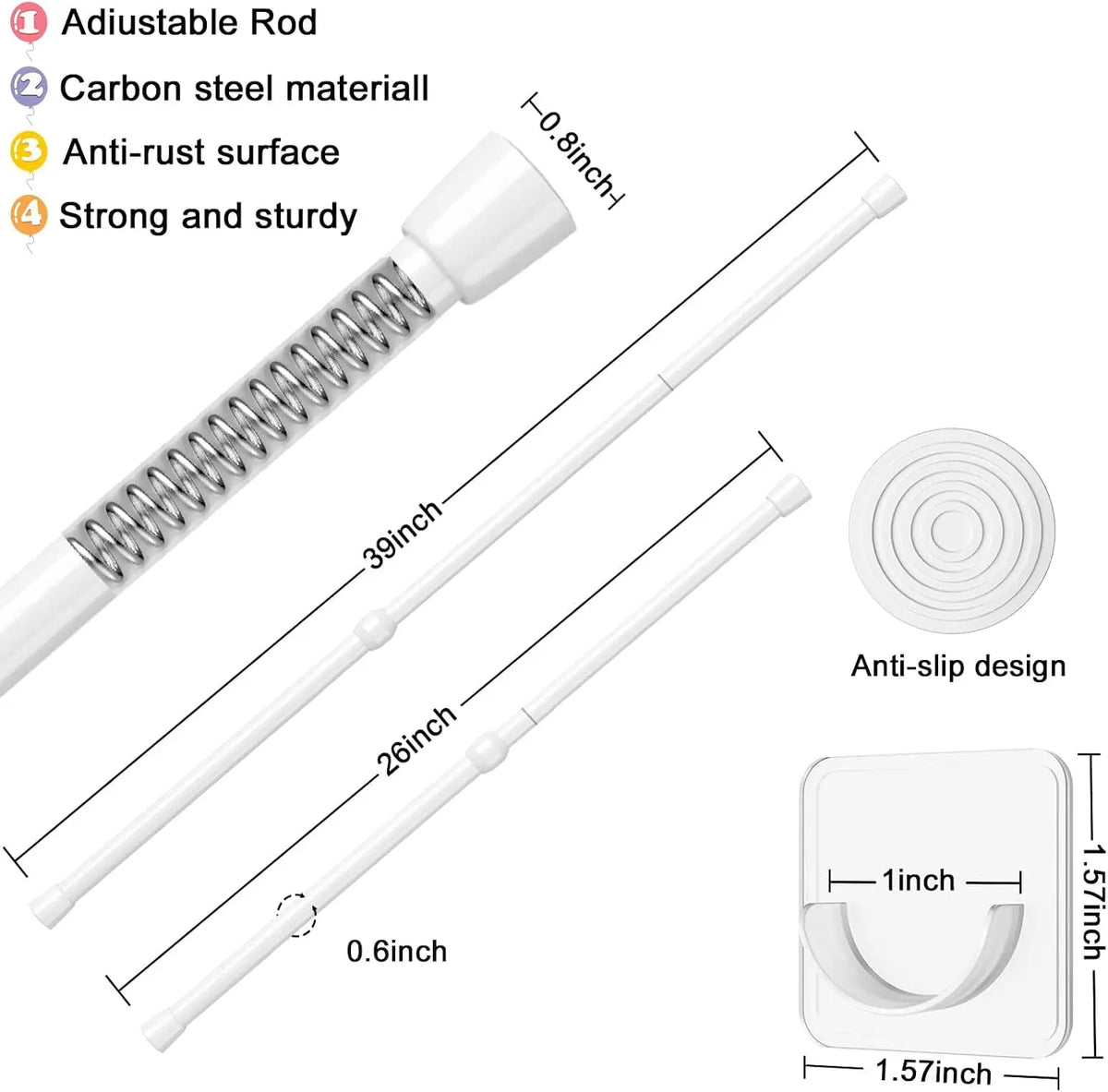 Spring Tension Curtain Rod 26-39in White No Drill