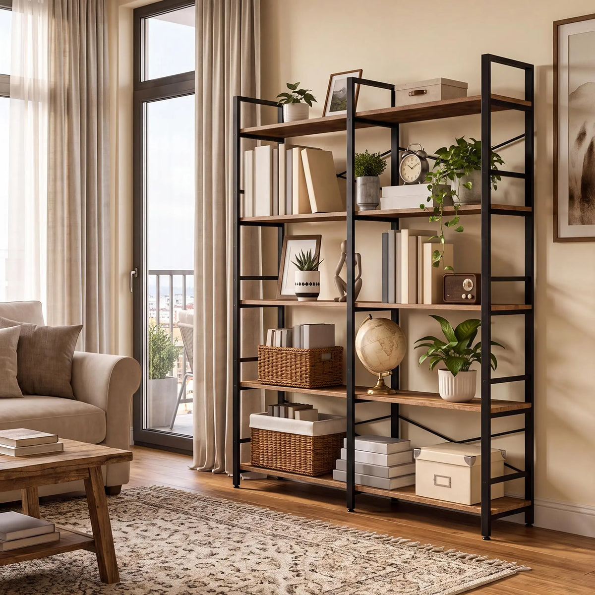 5 Tier  Vintage Wooden Shelves Metal Frame, Free Standing, Adjustable Feet, Fall Prevention.....