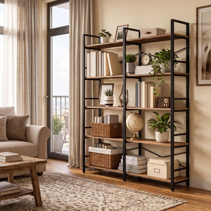 5 Tier  Vintage Wooden Shelves Metal Frame, Free Standing, Adjustable Feet, Fall Prevention.....