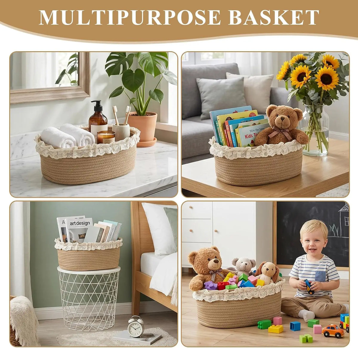 Set Of 4 Cotton Rope Storage Baskets Woven, Easter Gift....