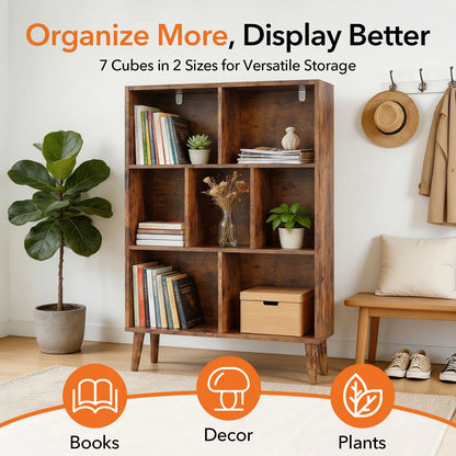 7 Cube Wooden Storage Bookshelf with Legs 3-Tier Standing