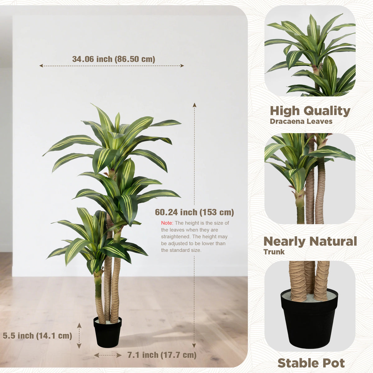 4ft/5ft/6ft Artificial Dracaena Tree in Pot - Realistic  Tropical Plant with Easy Assembly,