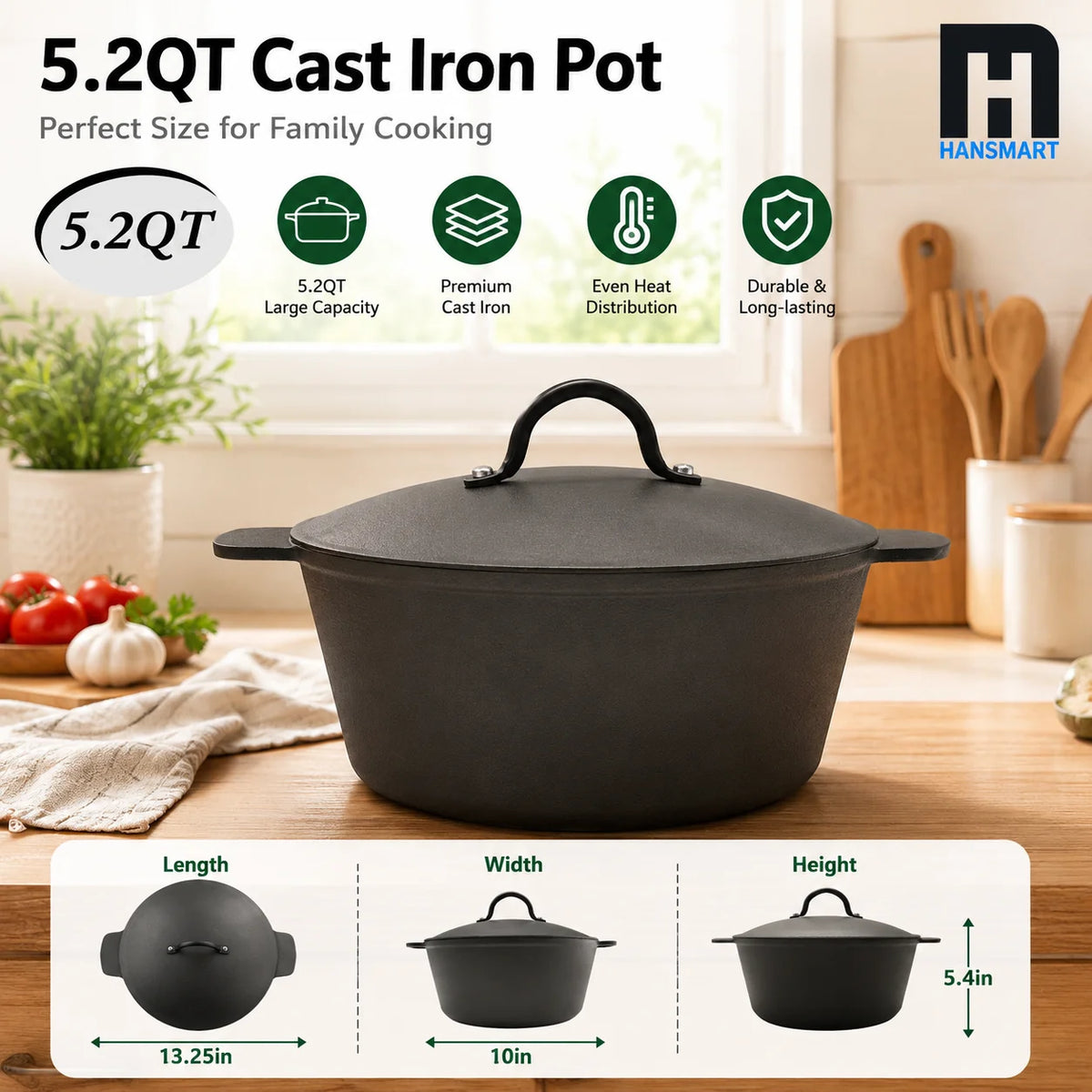 5.2Qt Lightweight Cast Iron Dutch Oven Honeycomb Base Non-Stick, Non- Stick.......