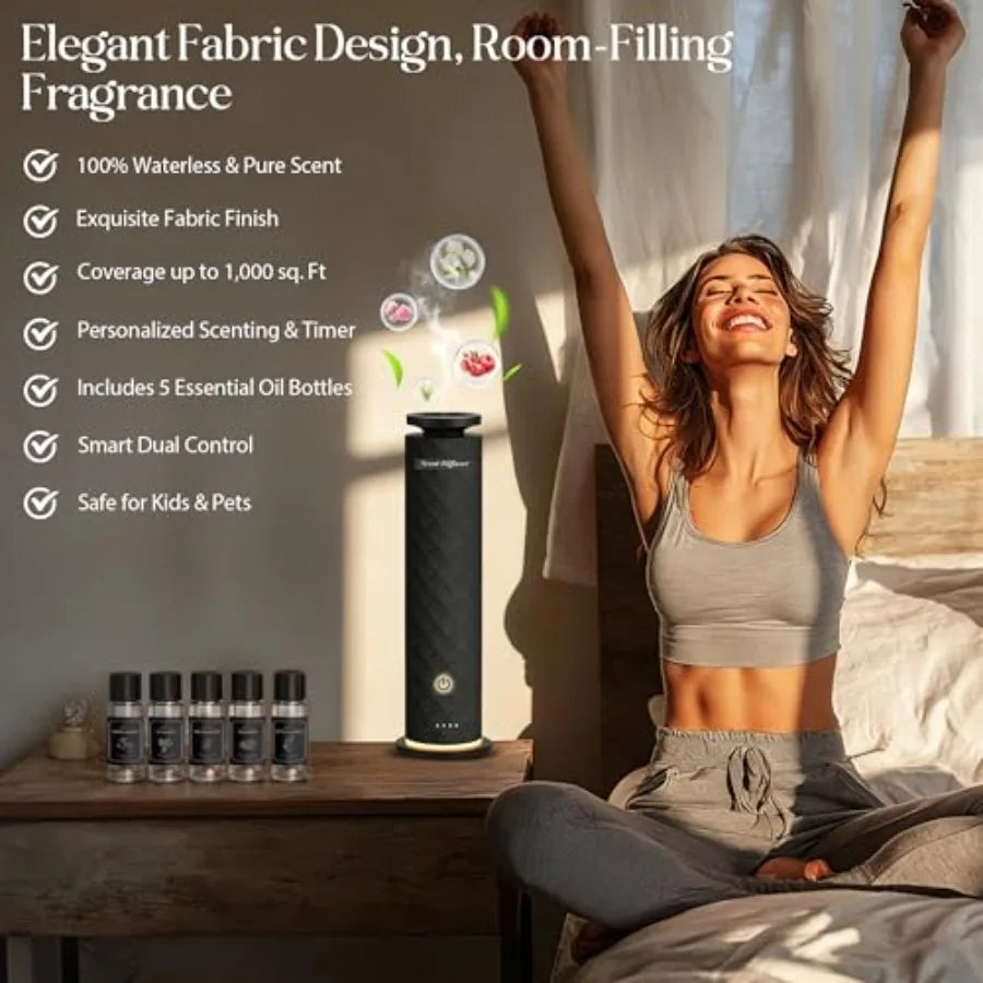 Waterless Scent Diffuser Starter Kit, Remote, USB Rechargeable, Tower Fabric Design in Black,