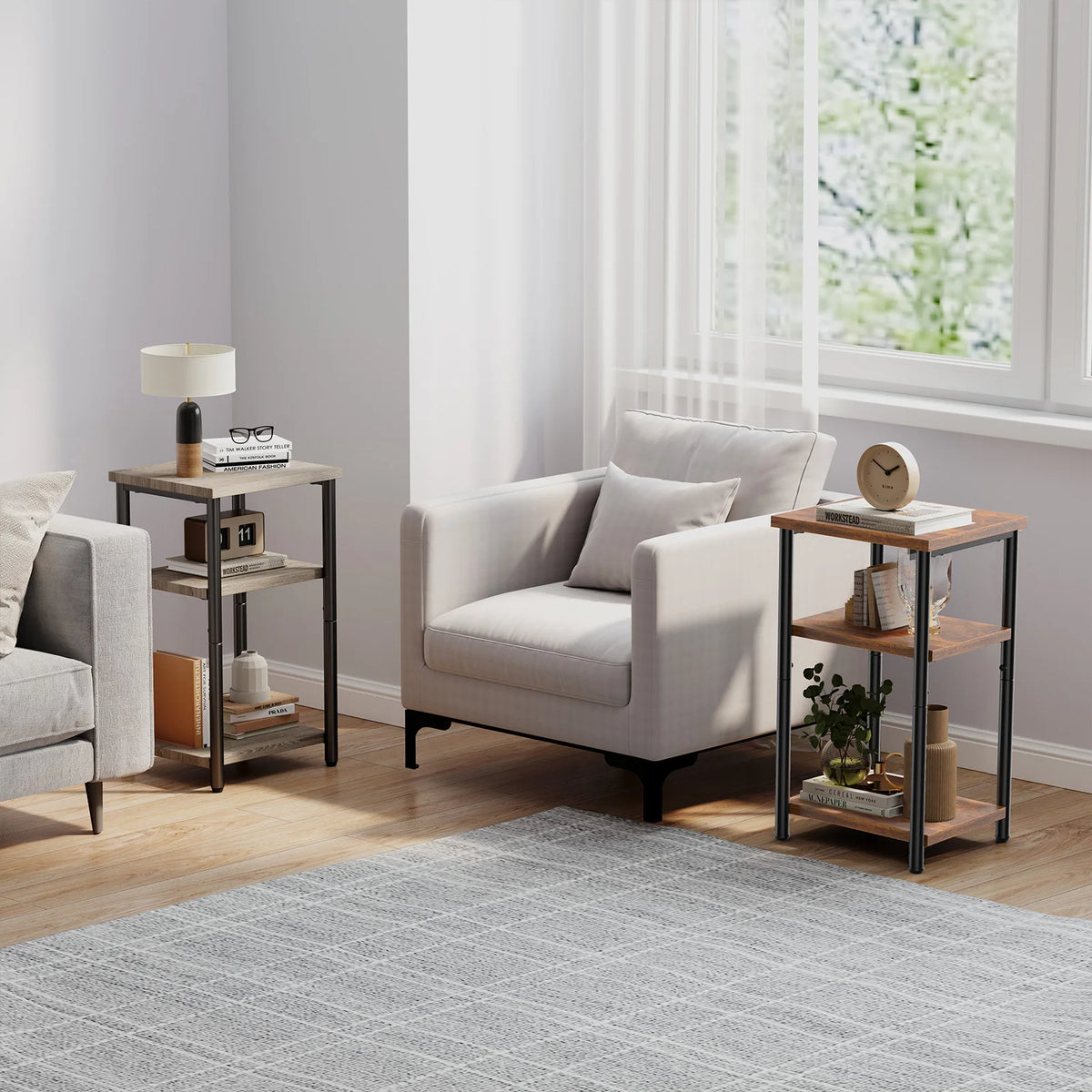 3 Tier End Table Set Of 2, Nightstand with Adjustable Feet For Tea Dining Tables