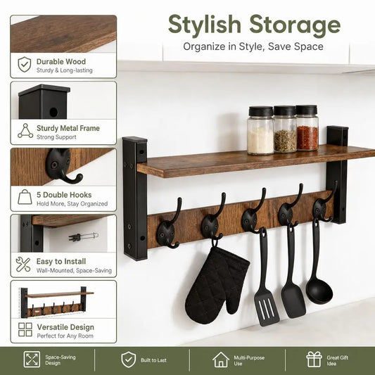Wooden Wall Mounted Coat Rack with 5 Hooks