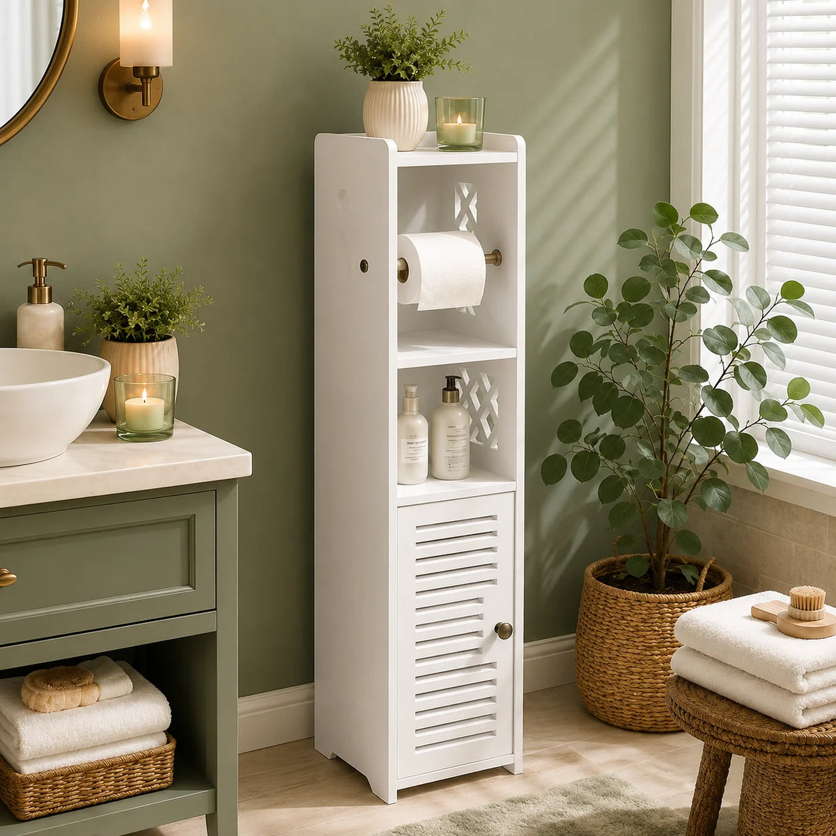 Slim Bathroom Plastic Storage Cabinet with Toilet Paper Holder....