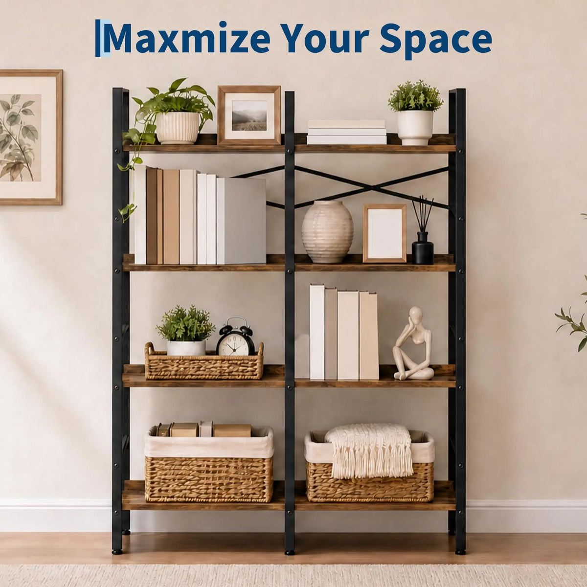 5 Tier  Vintage Wooden Shelves Metal Frame, Free Standing, Adjustable Feet, Fall Prevention.....