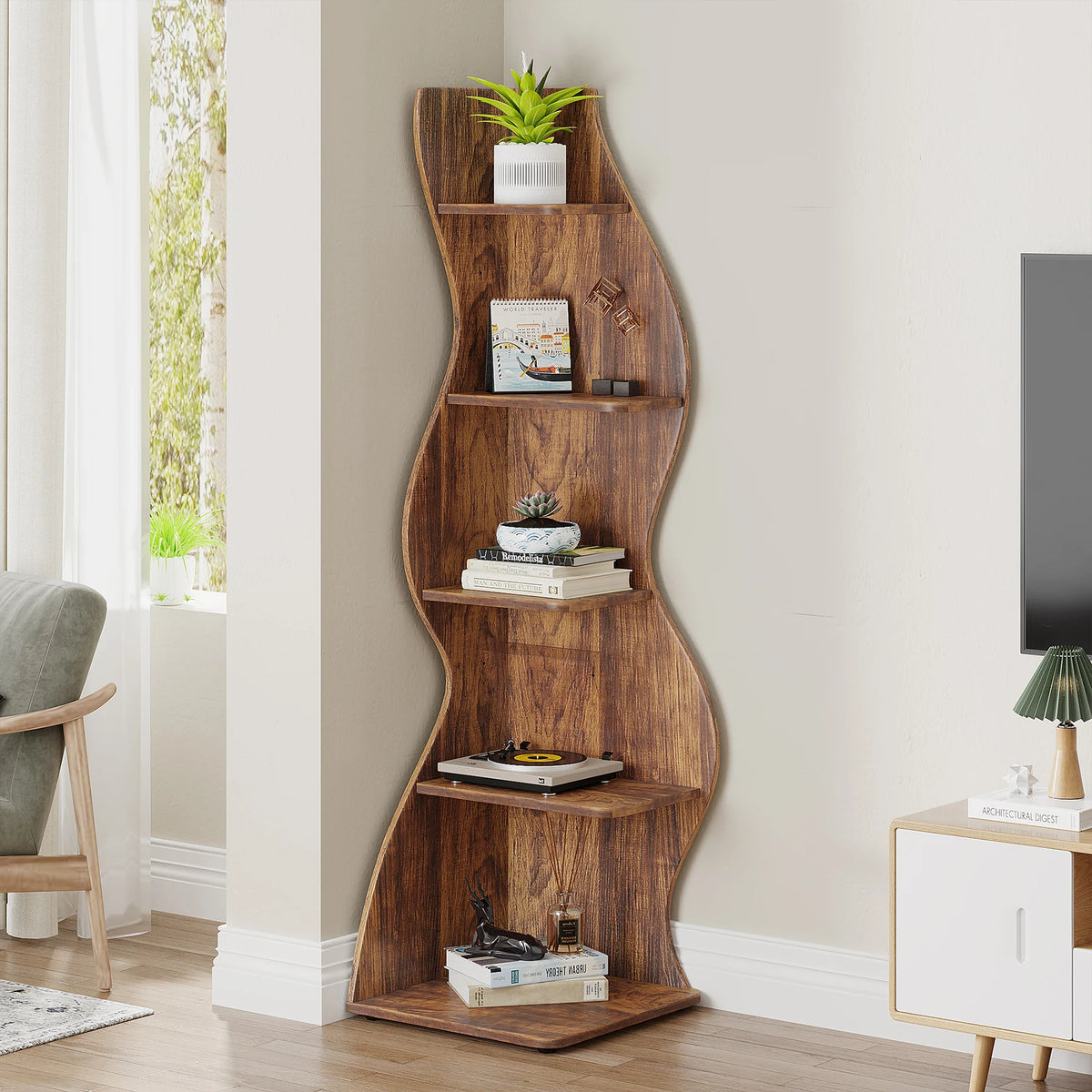Rustic 5-Tier Corner Wooden Bookshelf, Stylish Bookcase....