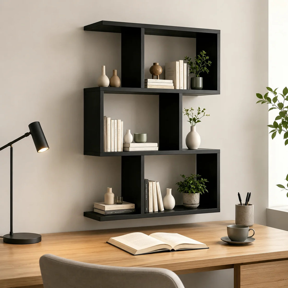 3 Tier Black Wooden Bookshelf Open Display ....