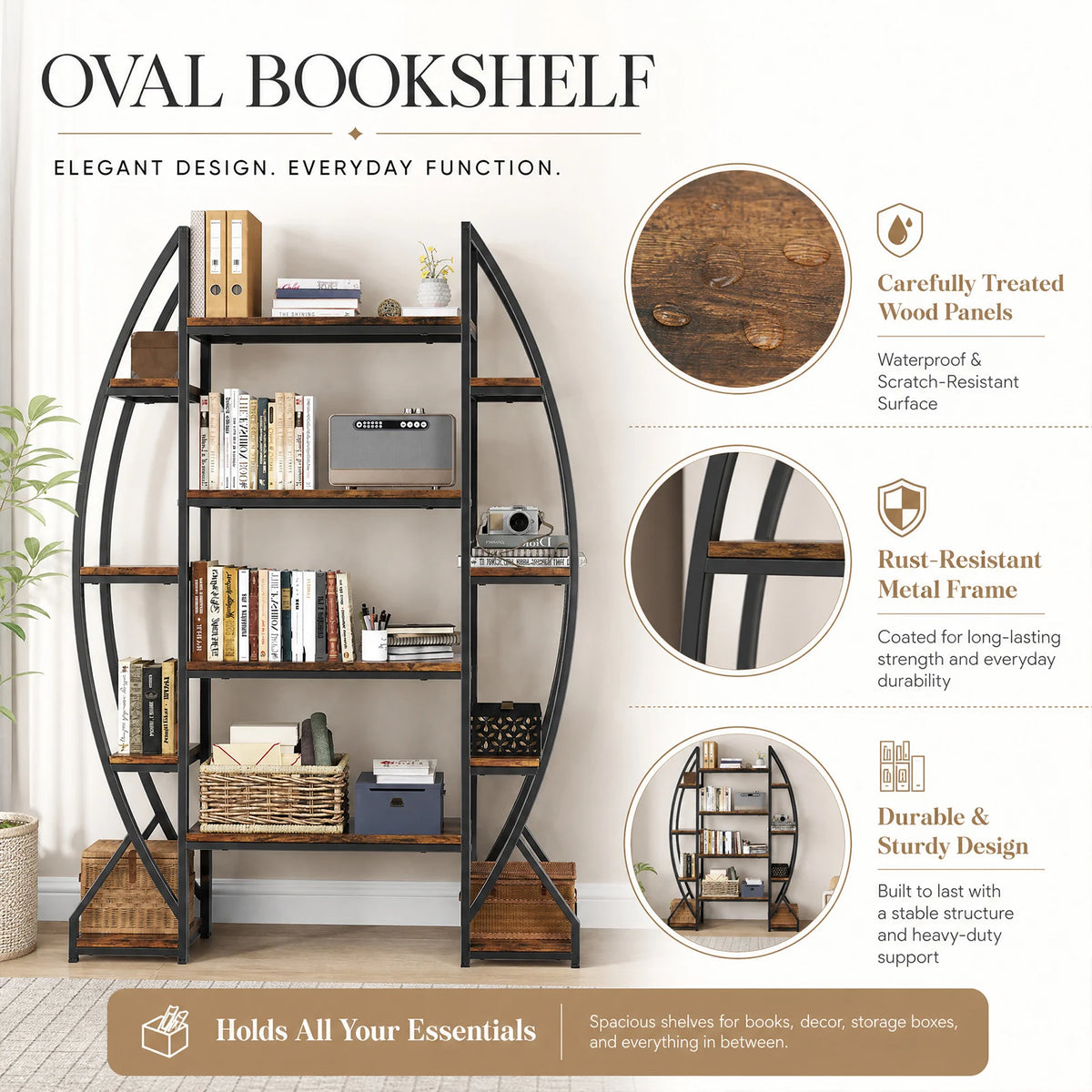 Oval Vintage Metal &  Wood Storage Shelves, Bookcase