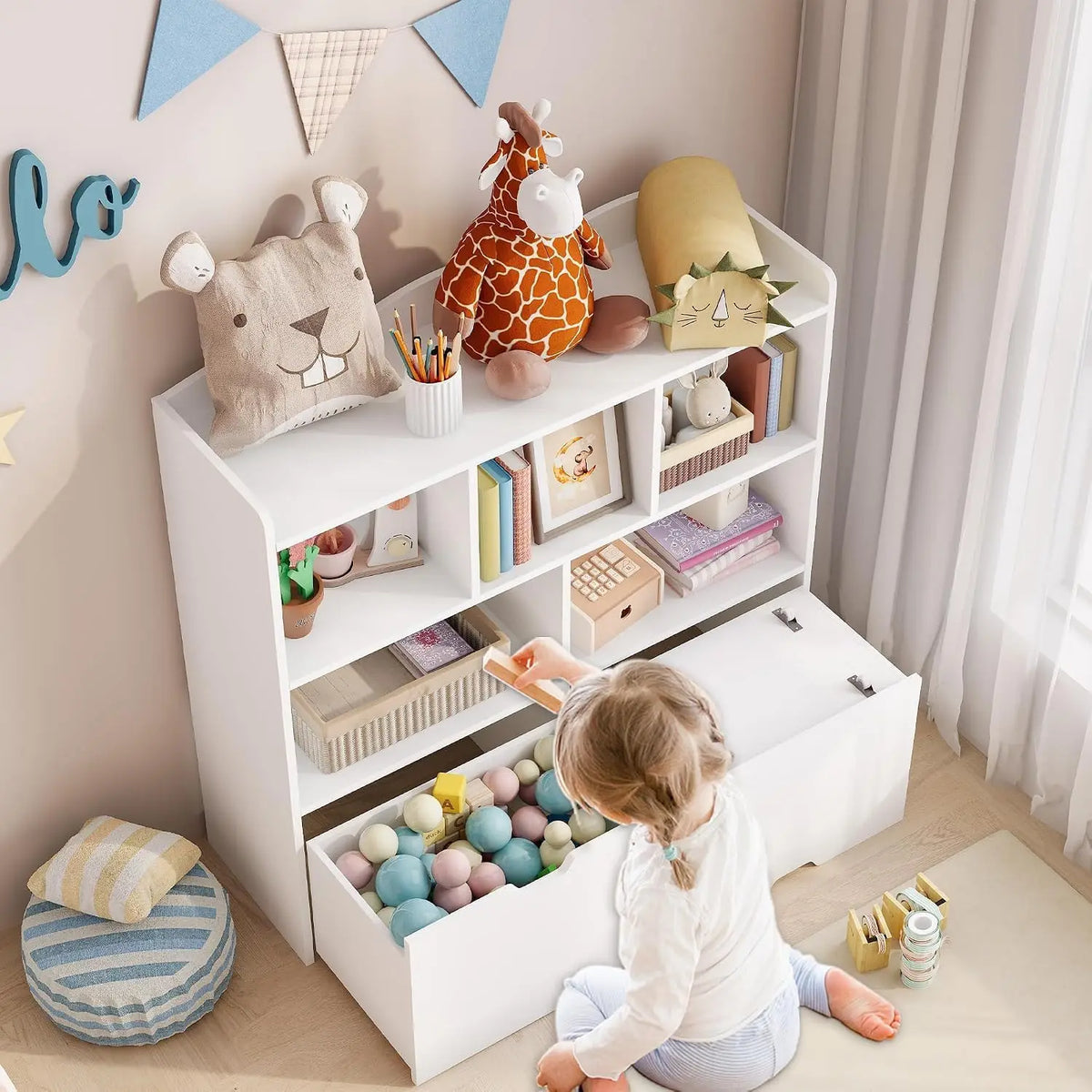 Wooden Toy Storage Organizer with Rolling Drawers, Hidden Wheels, Storage Cabinet