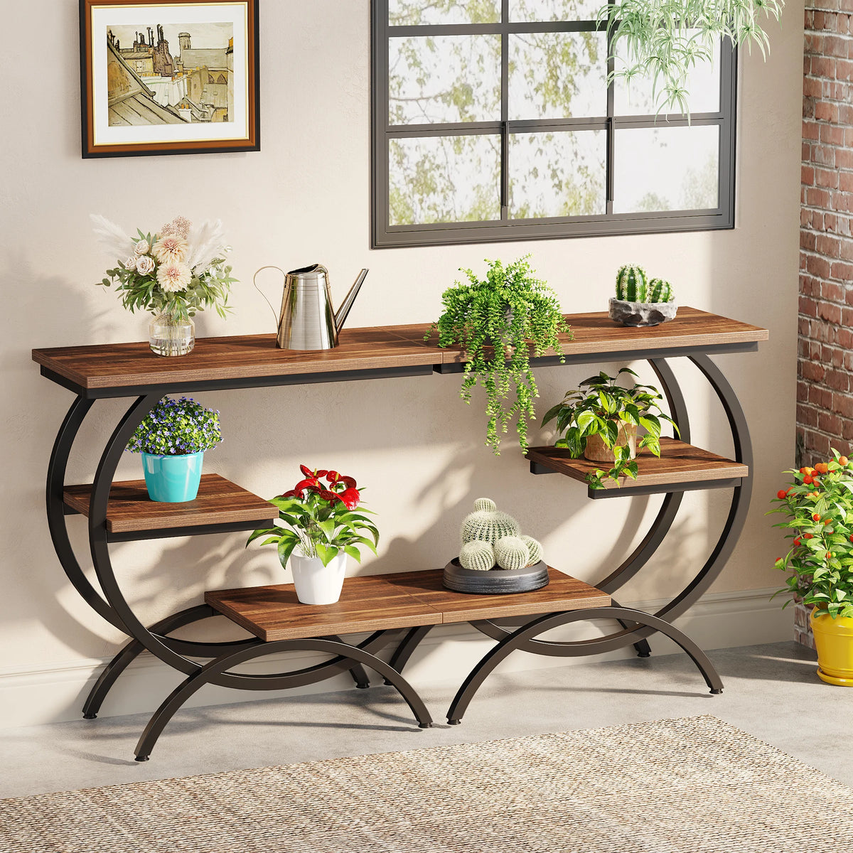 C-Shaped, Industrial 3-Tier Small, Wood Table with Storage Shelves