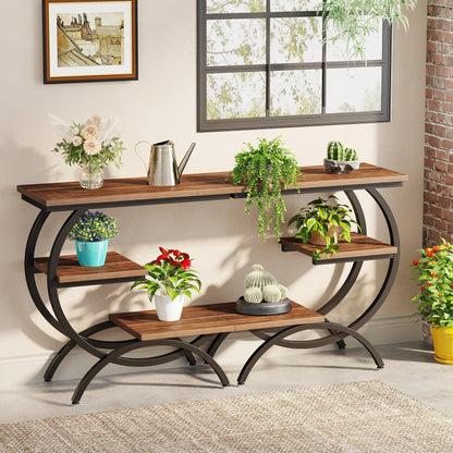 C-Shaped, Industrial 3-Tier Small, Wood Table with Storage Shelves