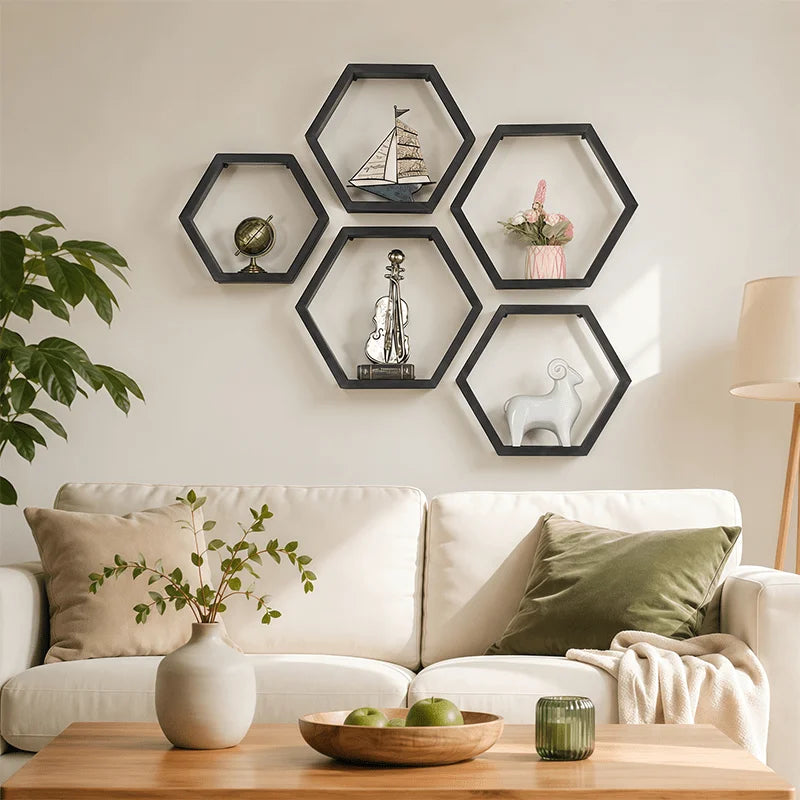 Rustic Wooden Hexagon Floating Shelves Set of 3