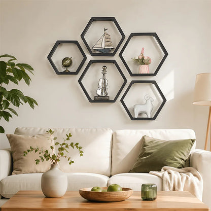 Rustic Wooden Hexagon Floating Shelves Set of 3