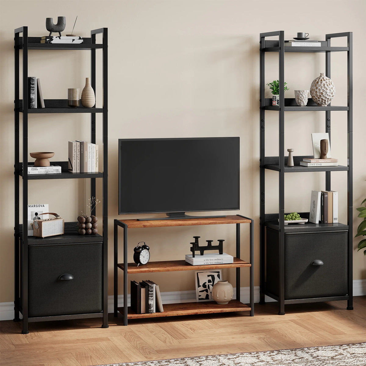 4-5 Tier Storage shelfs with Fabric Drawer Standing Book Shelf, Wood and Metal