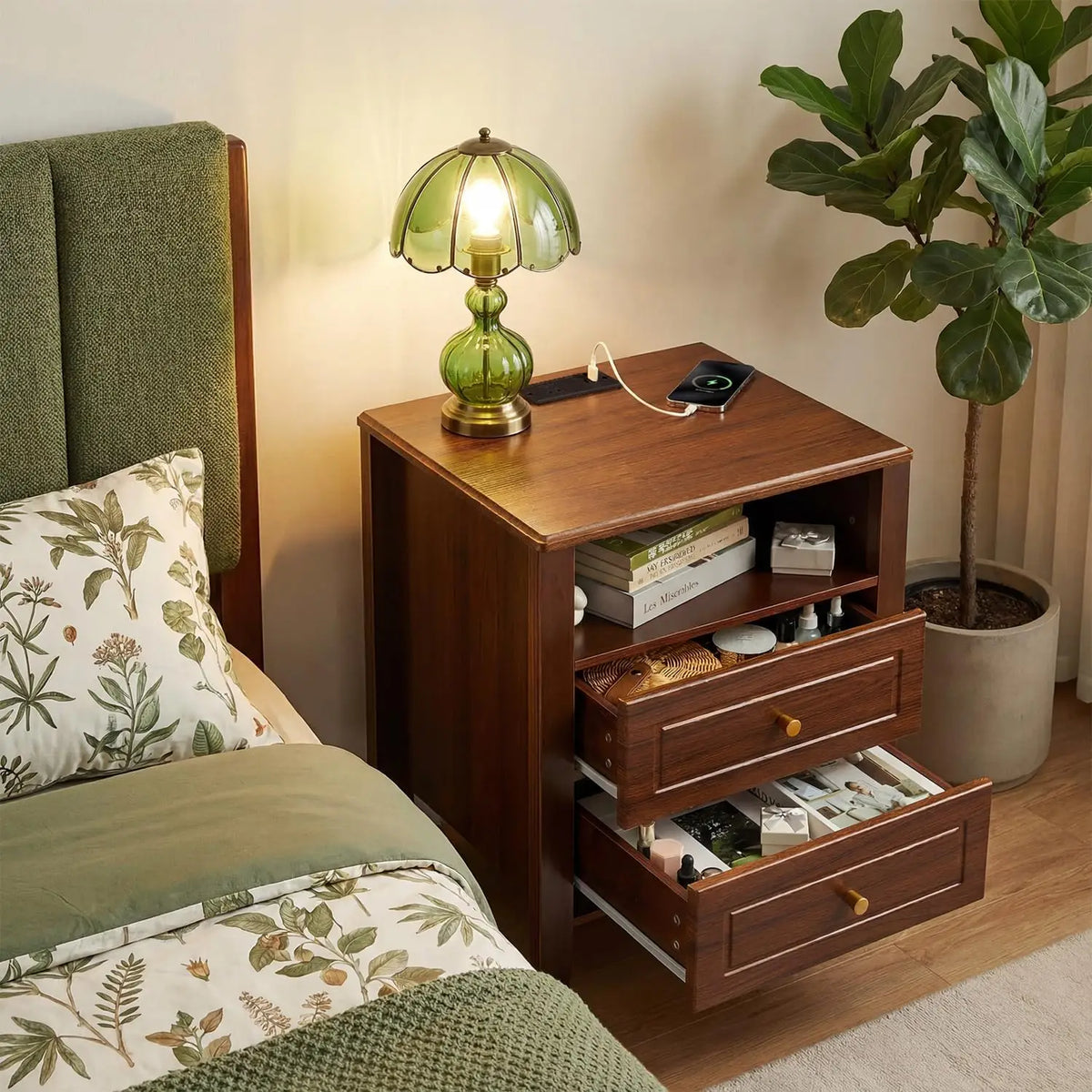 Nightstand with Charging Station 2 Drawers and Open Shelf with USB Type C Port AC Outlet